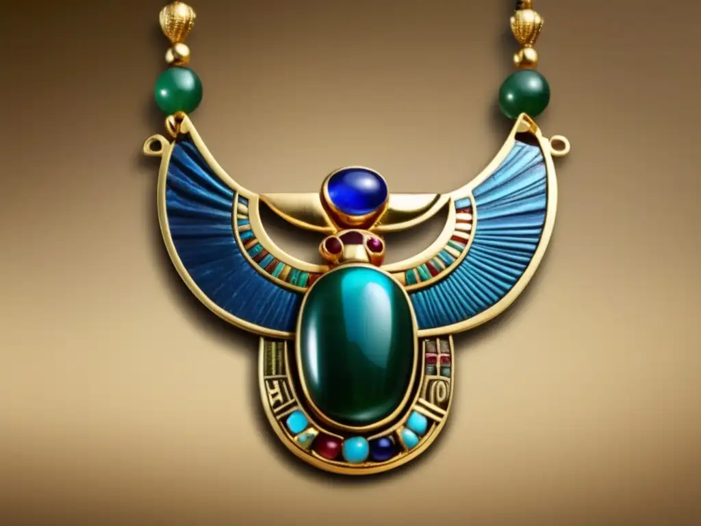 Una joya egipcia antigua en forma de collar con un amuleto de escarabajo, simbolizando protección y renacimiento