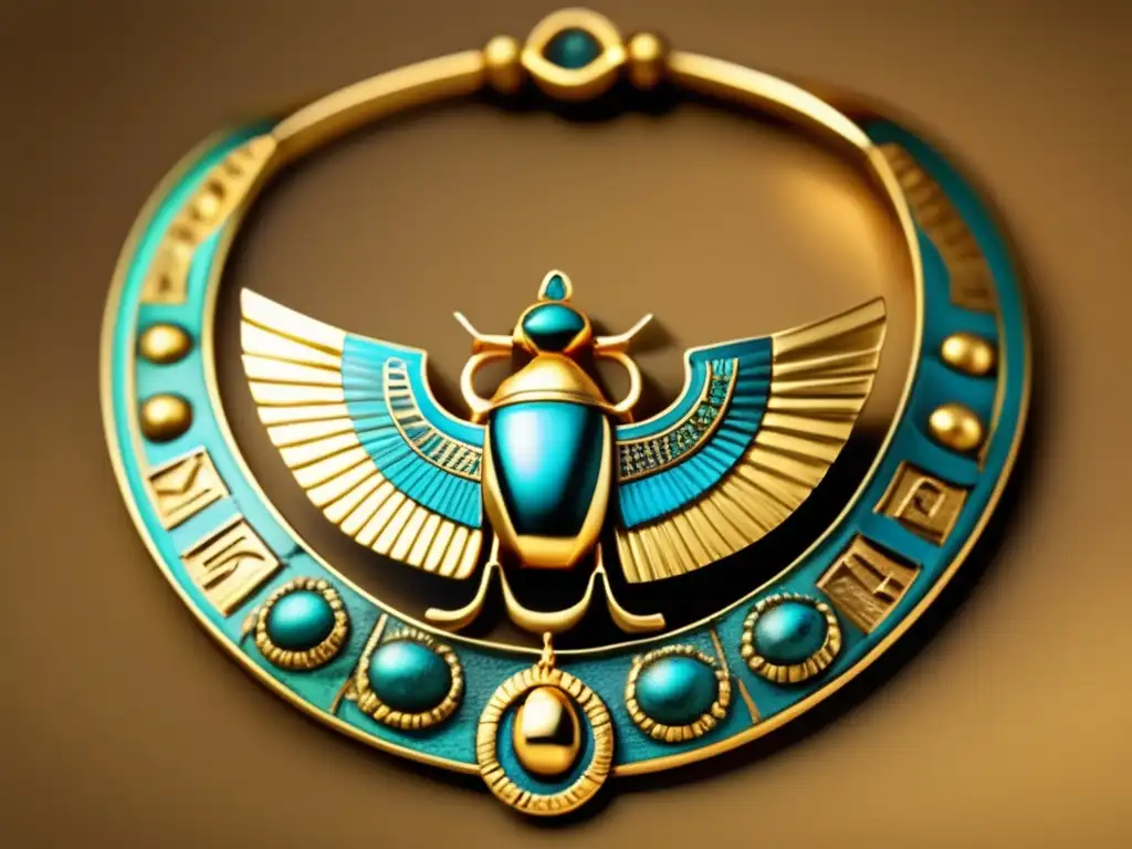 Una joya egipcia antigua con simbolismo lingüístico en oro, resaltando protección, poder y eternidad