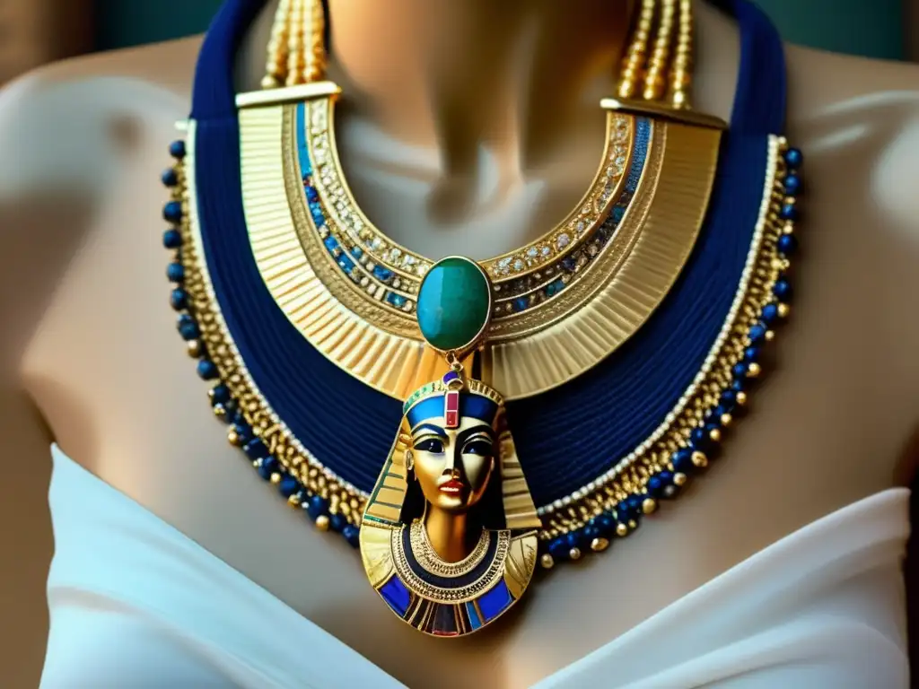 Una joya egipcia moderna de inspiración vintage exhibe un collar con filigrana dorada exquisitamente detallada