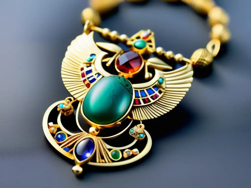 Una joya egipcia vintage con intrincados patrones de jeroglíficos, piedras preciosas y un colgante central en forma de escarabajo