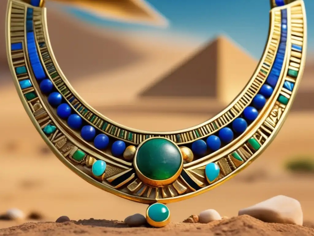 Una joya de orfebrería en la Era de los Faraones: collar de oro con piedras semipreciosas, grabados y símbolos egipcios, reflejando la opulencia y el arte exquisito de la antigua joyería egipcia