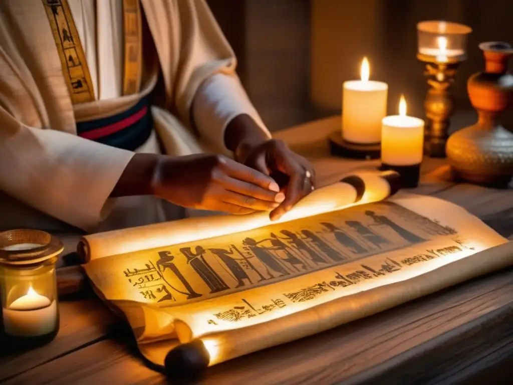 Una joya de papiro preservado reposa en una mesa de madera antigua, iluminada por la suave luz de las velas