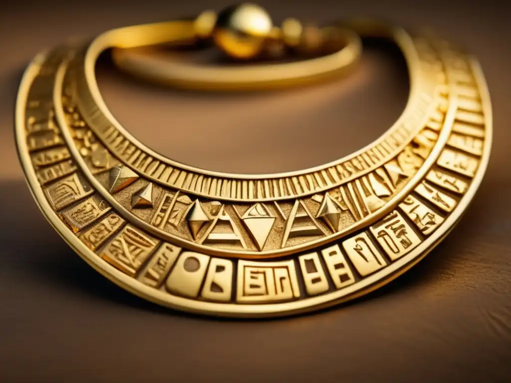 Joyas antiguas de Egipto: un collar de oro con engravings de jeroglíficos, muestra el arte y la sociedad del Segundo Periodo Intermedio