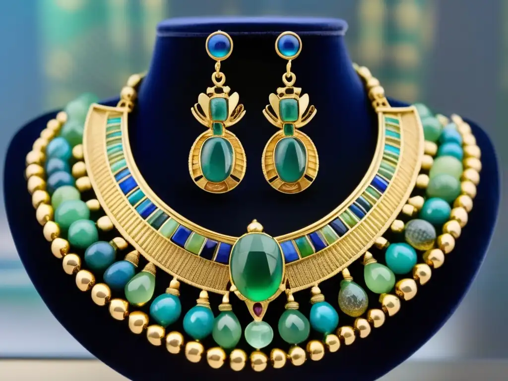 Joyas egipcias: Collar y pendientes vintage detallados con gemas preciosas y filigranas