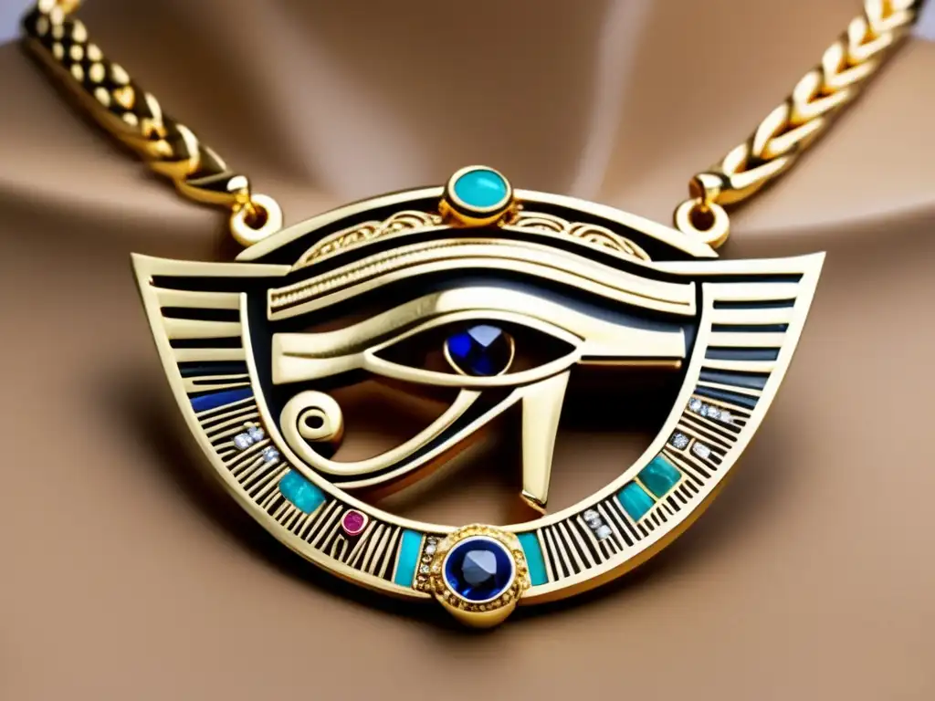 Una joyería moderna inspirada en Egipto, con un intrincado collar vintage decorado con símbolos y motivos egipcios antiguos