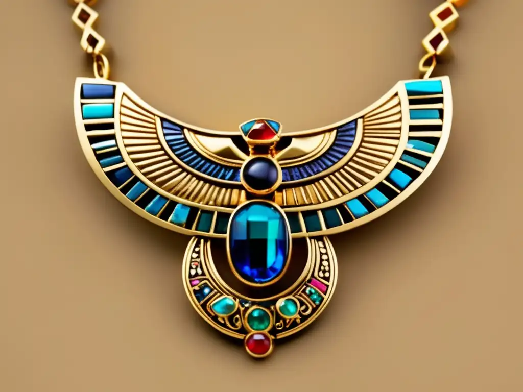 Una joyería moderna inspirada en Egipto con intrincados motivos de jeroglíficos, gemas deslumbrantes y un colgante del icónico esfinge
