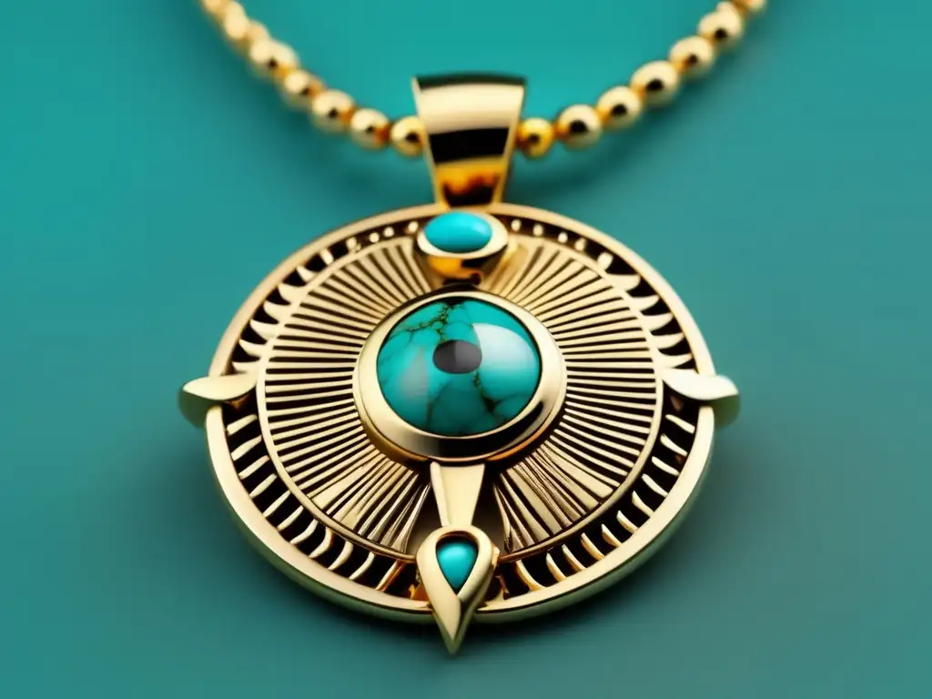 Joyería moderna inspirada en Egipto: Collar vintage de oro con colgante del Ojo de Horus, adornado con turquesas y grabados jeroglíficos