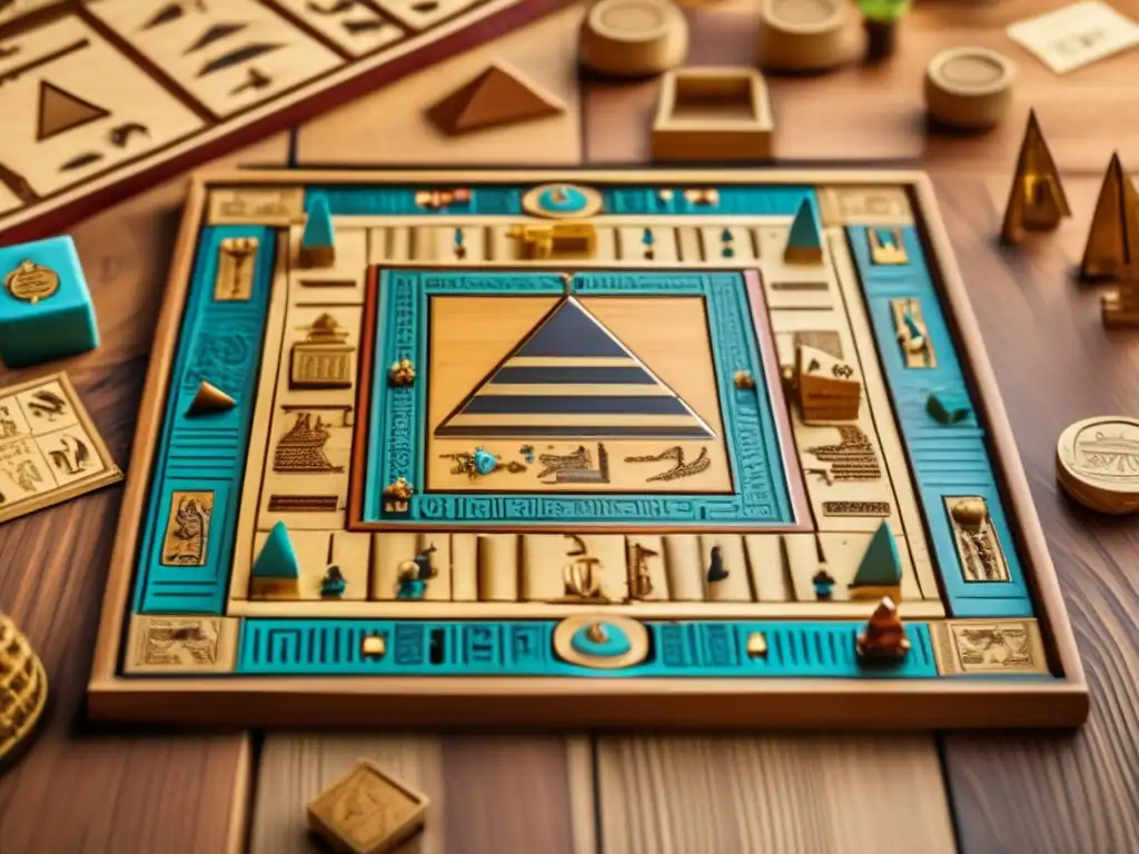 Juego de mesa temática egipcia en una mesa de madera, con detalles intrincados y símbolos de la cultura antigua