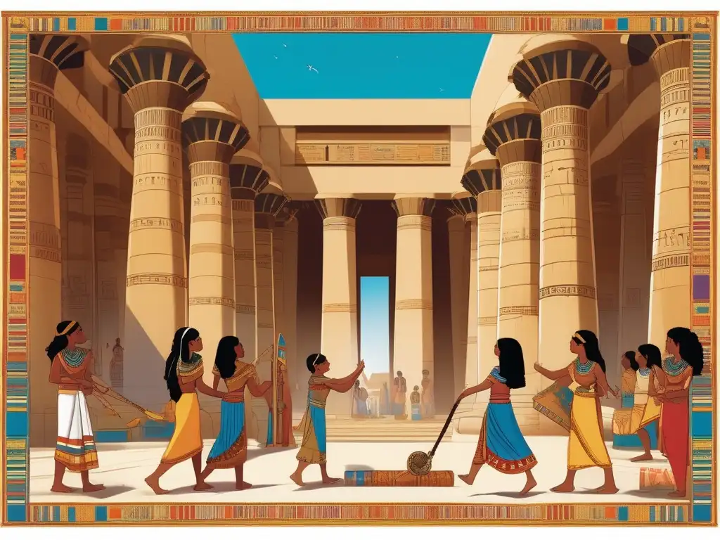 Juego tradicional en un templo egipcio: niños vistiendo moda infantil en el Antiguo Egipto, rodeados de pilares y jeroglíficos, con el Nilo y las pirámides al fondo