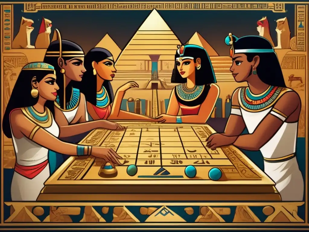 Jugadores concentrados en un antiguo juego de mesa egipcio, rodeados de símbolos hieroglíficos y luces cálidas