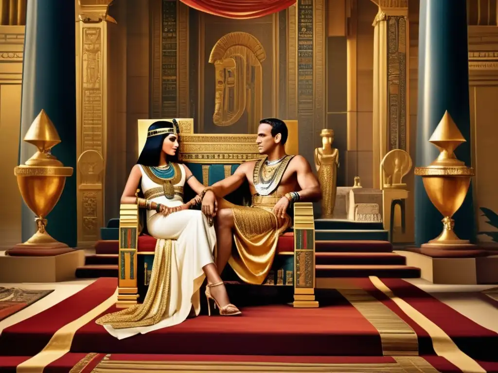 Cleopatra y Julio César en un trono dorado, envueltos en romance en una cámara lujosamente decorada
