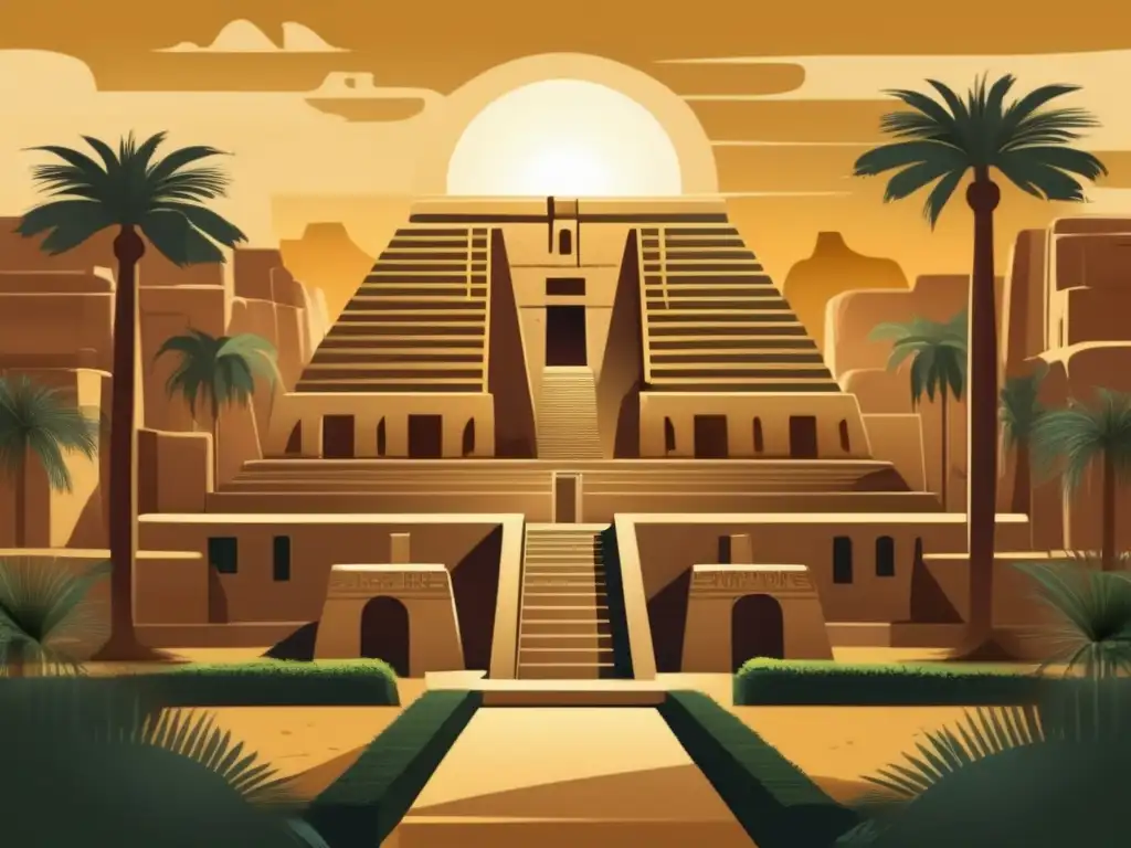 Laberinto de Hawara en el antiguo Egipto: majestuosidad y misterio en una ilustración vintage