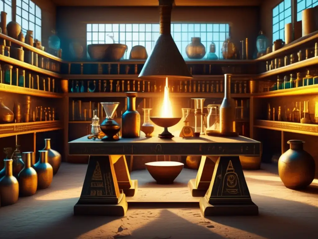 Un laboratorio de alquimia egipcia antigua, lleno de cristalería vintage, pergaminos y símbolos misteriosos