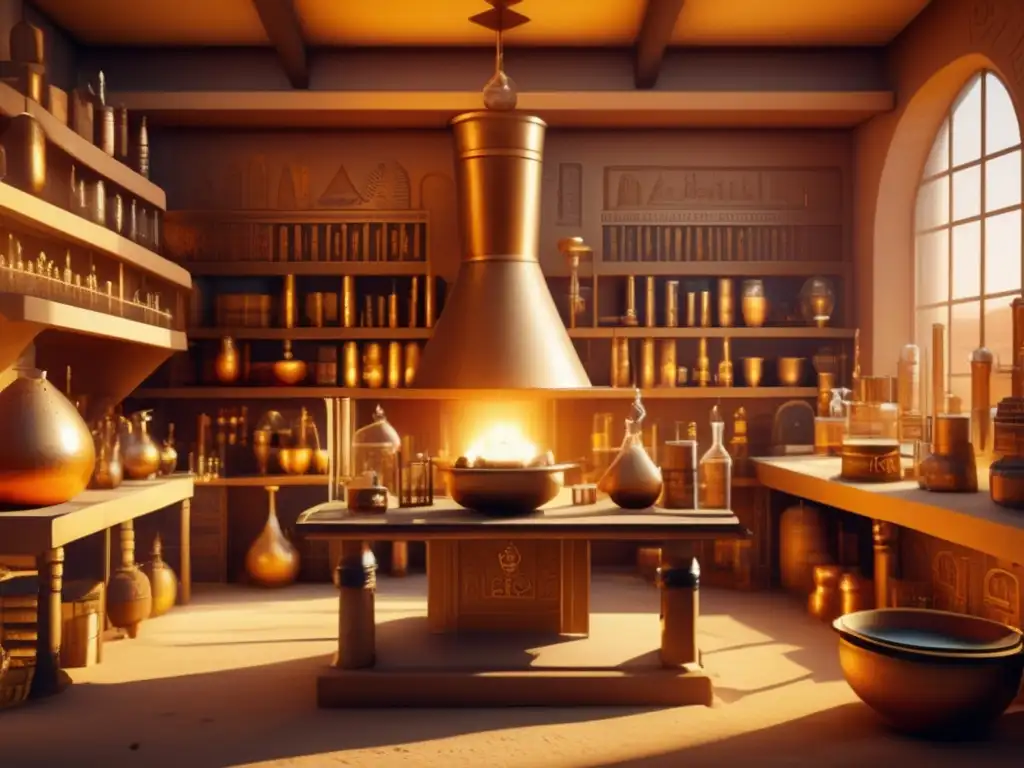 Un laboratorio alquímico egipcio antiguo, bañado en cálida luz dorada