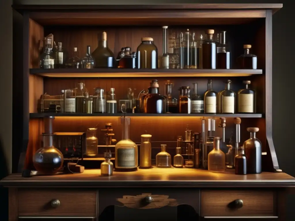 Un laboratorio oscuro y vintage lleno de estantes de madera, botellas de vidrio y antiguos instrumentos científicos