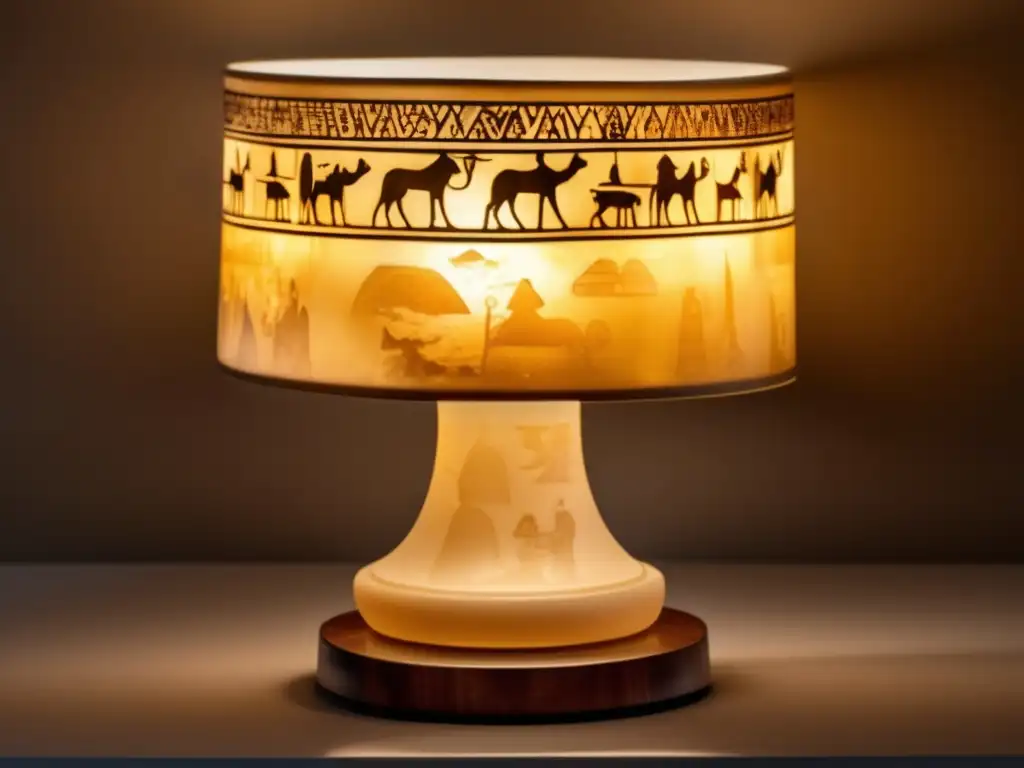 Lámpara de alabastro Ramsés II: Diseño intrincado y místico ambiente egipcio, rodeada de artefactos y pergaminos en una mesa de madera