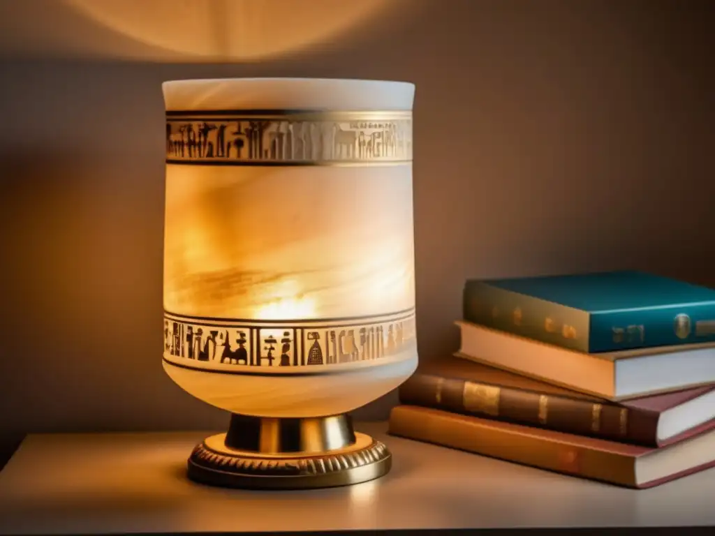 La Lámpara de alabastro Ramsés II, majestuosa y llena de historia, irradia una cálida luz que envuelve el ambiente con una atmósfera etérea