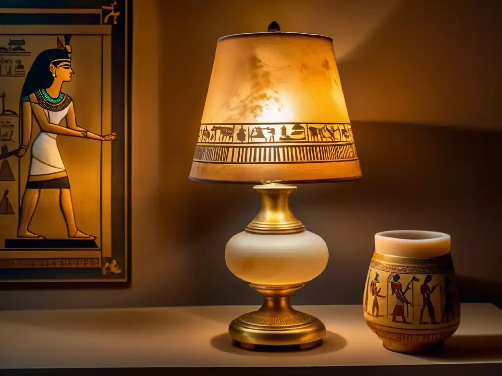 Lámpara de alabastro Ramsés II ilumina una sala histórica con sombras encantadoras y un ambiente etéreo