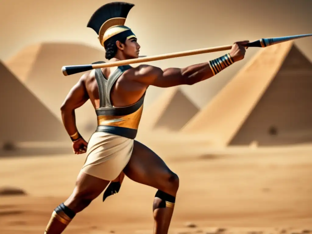 Lanzador de jabalinas del Antiguo Egipto, experto guerrero egipcio en un campo de batalla arenoso, listo para lanzar una hermosa jabalina