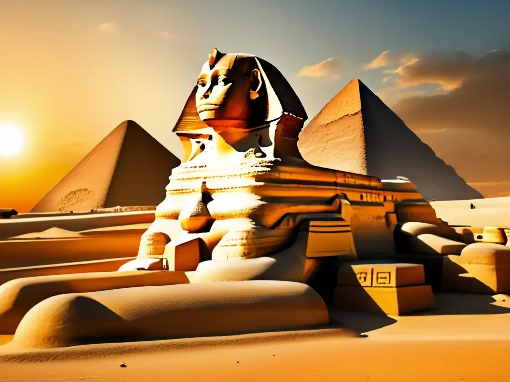 El legado cultural de las dinastías egipcias cobra vida en la imagen, con la majestuosa Esfinge de Giza frente a las imponentes Pirámides