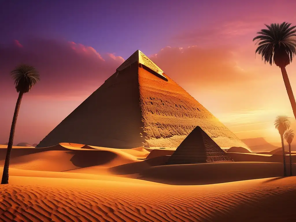 El legado eterno del Imperio Antiguo cobra vida en la majestuosidad de la Gran Pirámide de Giza al atardecer