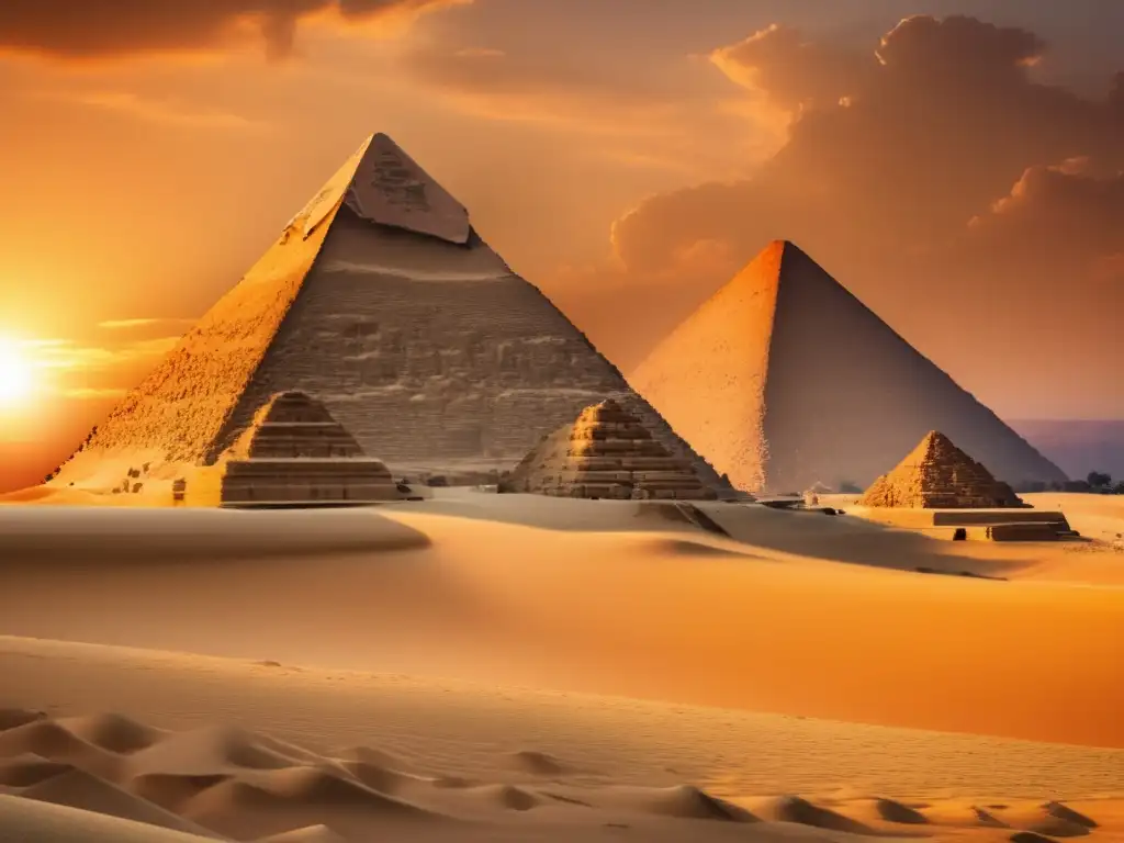 El legado eterno del Imperio Antiguo se revela en la majestuosa imagen de la Gran Pirámide de Giza, destacando contra un cielo dorado al atardecer