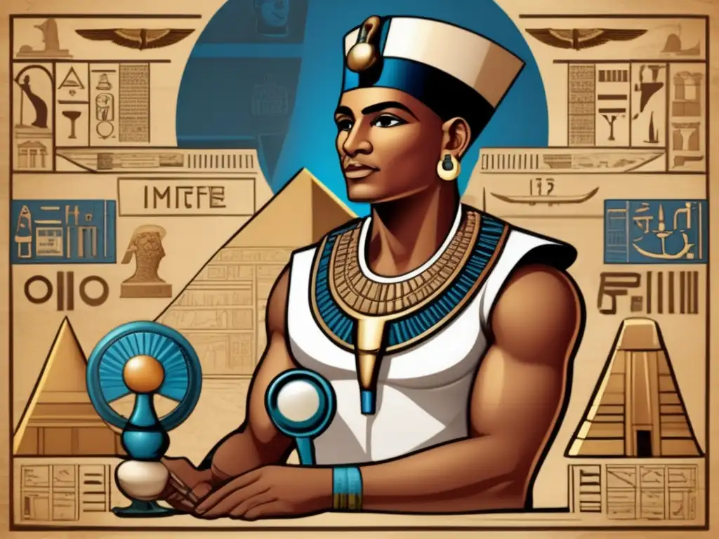El legado médico de Imhotep, la mitología egipcia cobra vida en una imagen vintage detallada