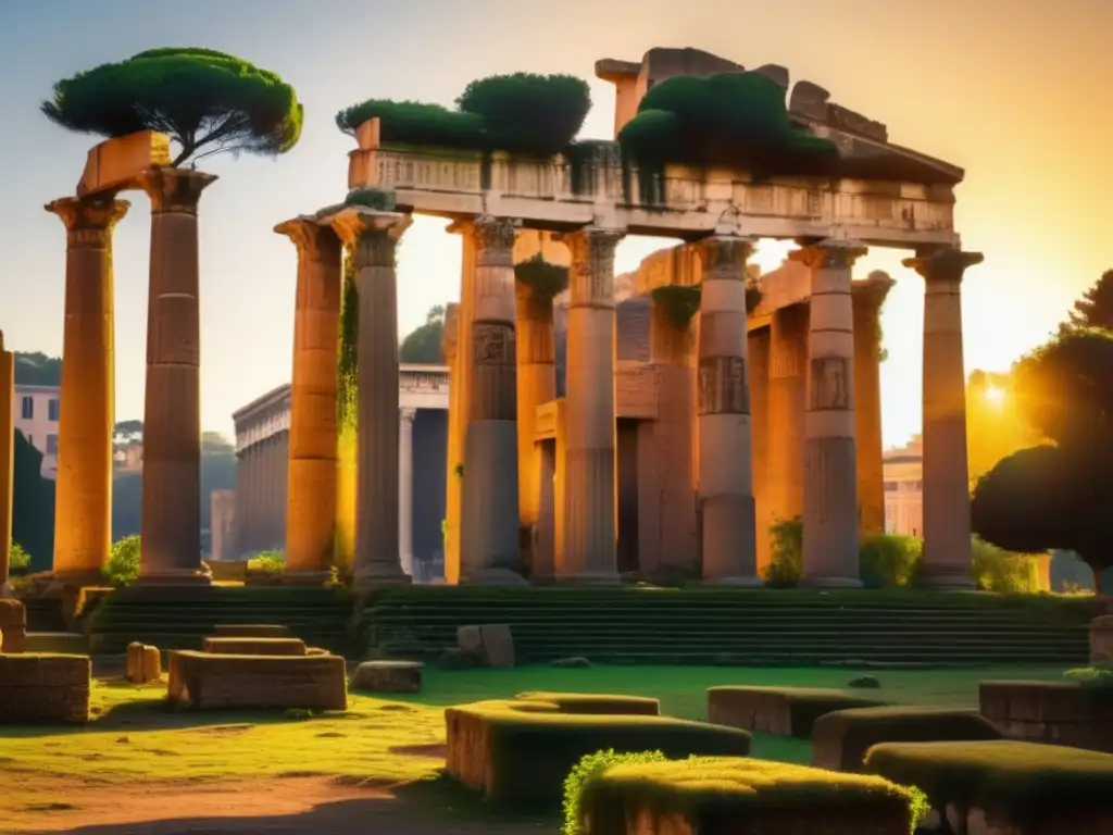 Legado místico de Isis en Roma: Templo de Isis en ruinas, bañado por el cálido resplandor dorado del atardecer