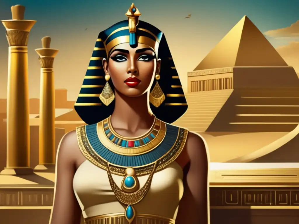 Cleopatra, la legendaria reina egipcia, irradia poder y elegancia en una imagen vintage detallada