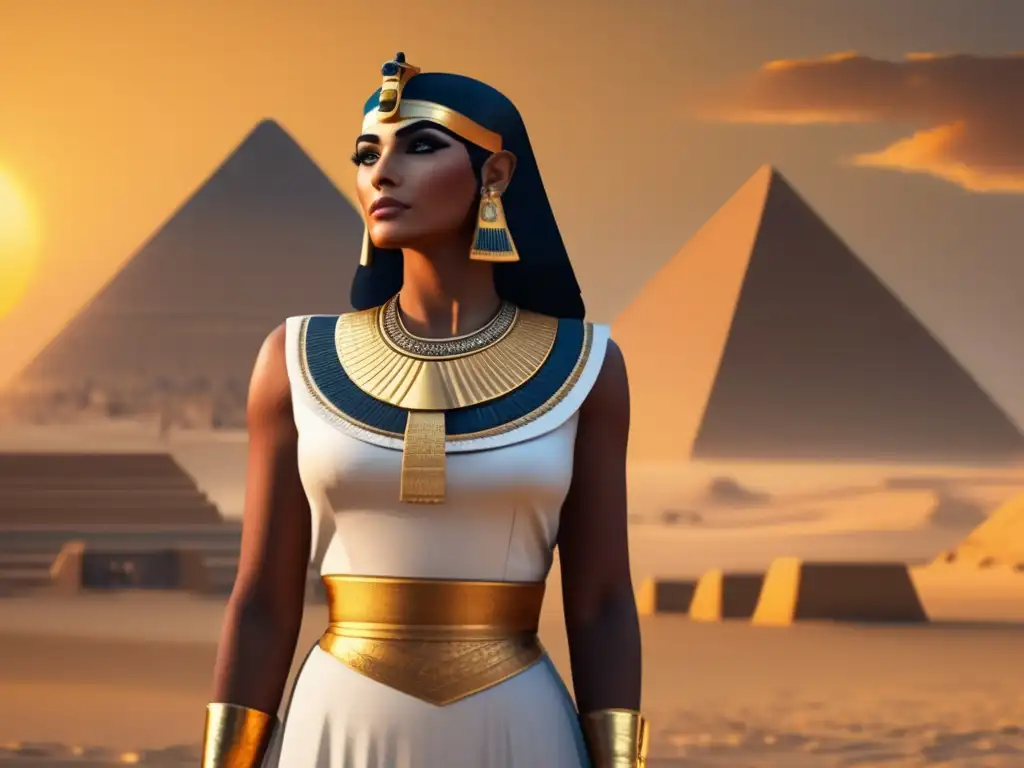La legendaria Cleopatra, última faraona de Egipto, se alza majestuosa frente a las fascinantes pirámides de Giza
