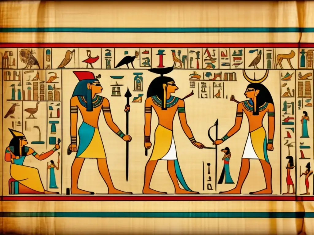 Antiguo papiro egipcio: La historia mitológica de Thoth en una imagen de 8k El Libro de Thoth: sabiduría eterna en un antiguo pergamino egipcio, desplegado con hieroglíficos vibrantes y detalles intrincados