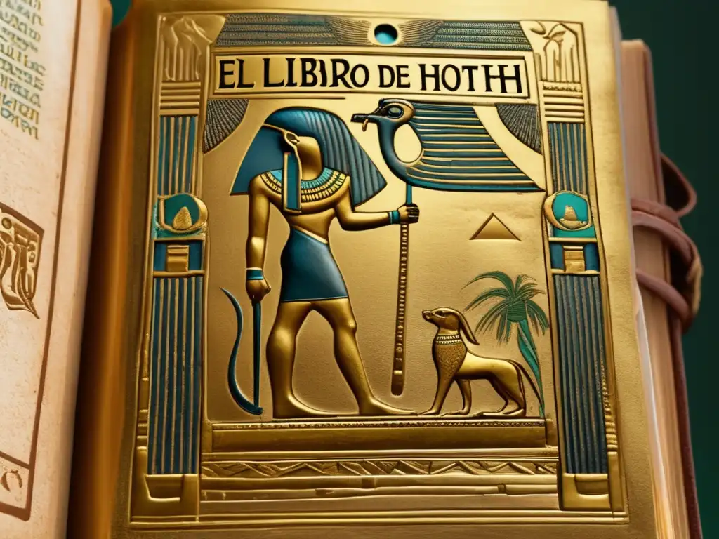 El Libro de Thoth: Sabiduría y misterio en una antigua ilustración egipcia El Libro de Thoth: sabiduría eterna en una ilustración antigua de Thoth rodeado de artefactos egipcios en un libro vintage