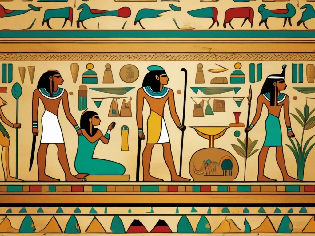Interpretación murales Libro de los Muertos en cámara funeraria egipcia, con colores vibrantes y detalles asombrosos