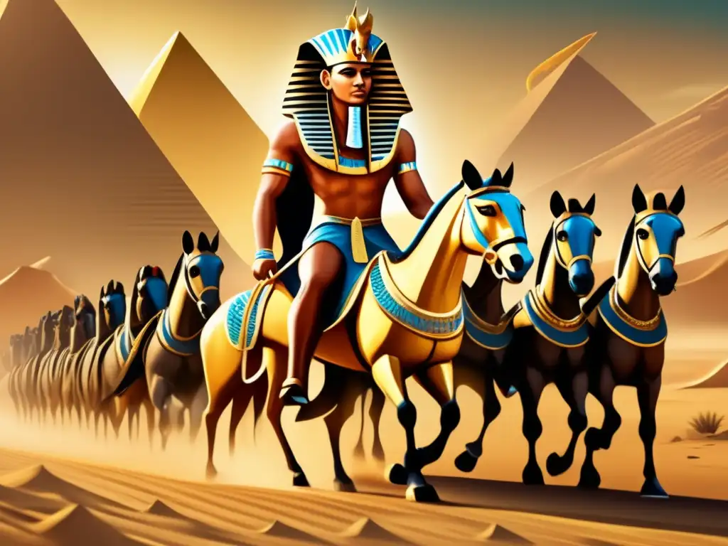Un líder faraónico en el campo de batalla, comandando a sus tropas con autoridad y confianza en la antigua tierra de Egipto