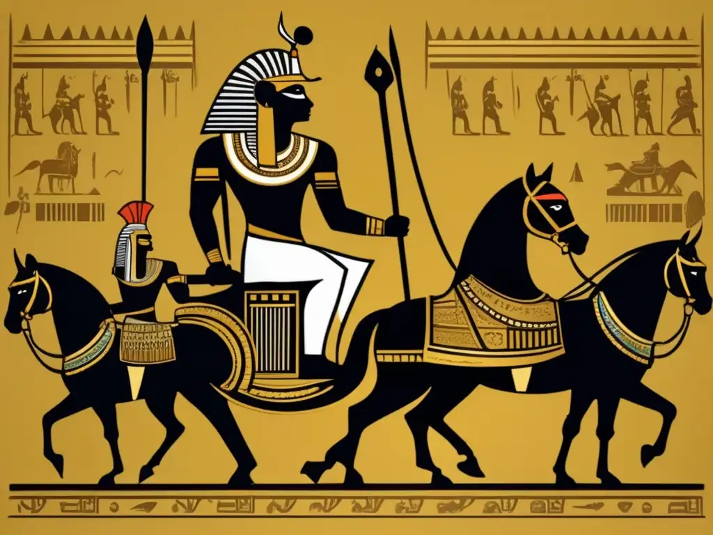 Liderazgo faraónico en el campo de batalla: Un poderoso faraón guía a sus tropas en una imagen vintage, rodeado de gloria y poder