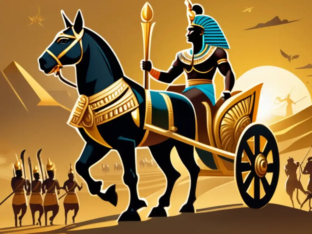 Liderazgo faraónico en el campo de batalla: un faraón en un carro dorado, rodeado de guerreros en combate, con las pirámides al fondo