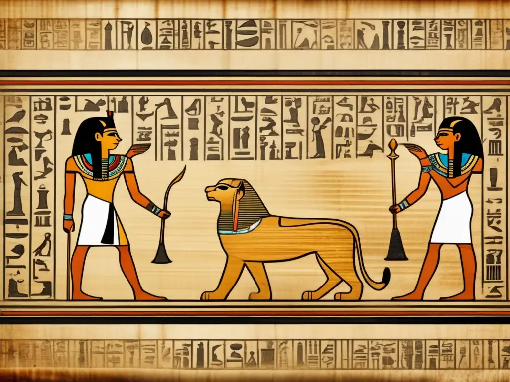 Evolución literaria en textos egipcios: Un antiguo pergamino egipcio desplegado sobre una superficie de piedra desgastada