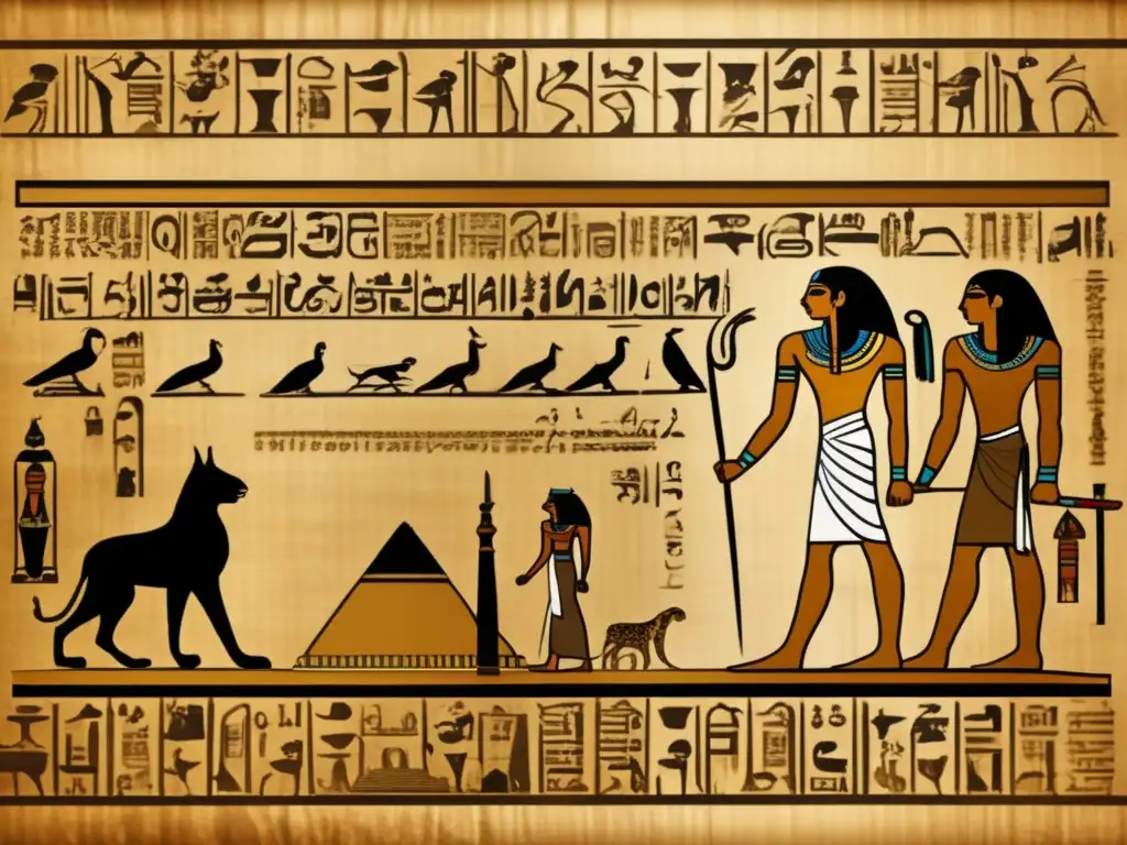 Evolución literaria en textos egipcios: imagen detallada vintage de papiro egipcio con hieroglíficos, escritura hierática y demótica, rodeada de escenas de vida antigua y tonos sepia auténticos