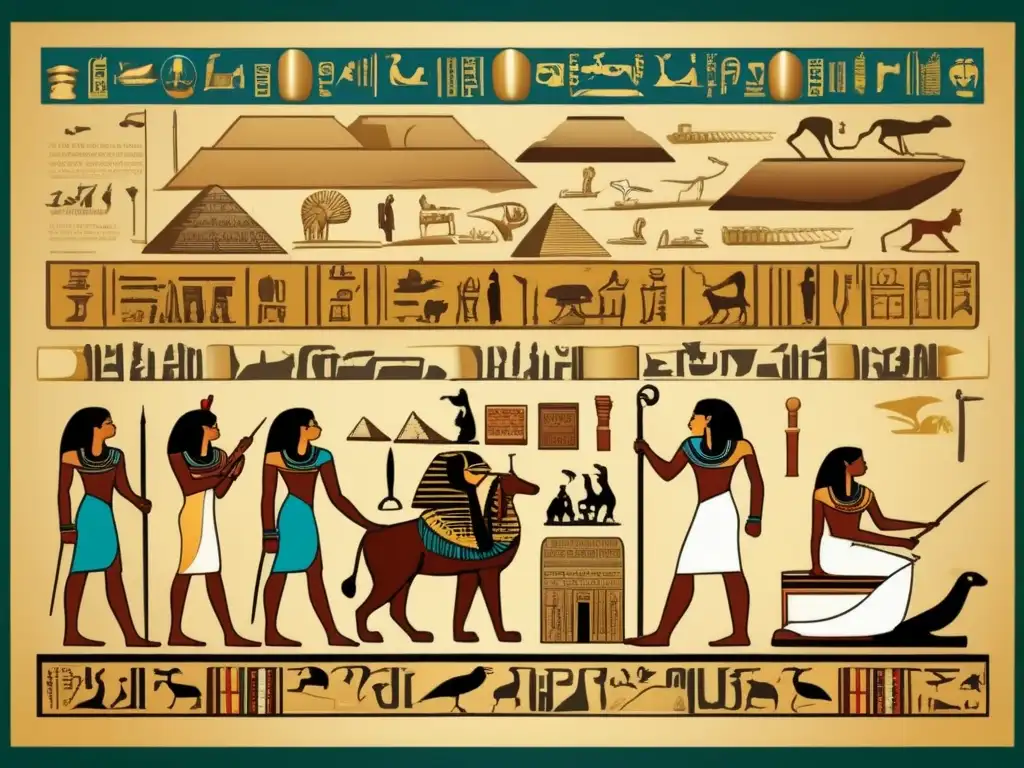 Evolución literaria en textos egipcios: Una ilustración vintage detallada que muestra la historia literaria de Egipto, desde jeroglíficos hasta papiros