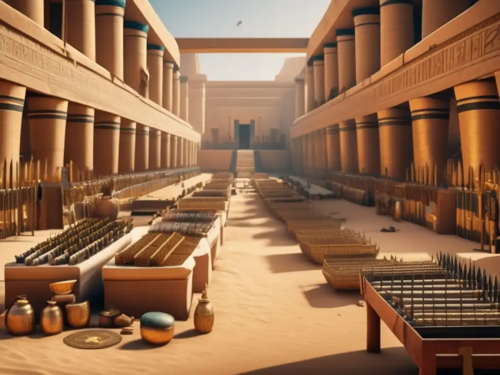 Logística y mantenimiento de armamento en la antigua guerra de Egipto: un bullicioso escenario con armas, artesanos y logística en tonos cálidos