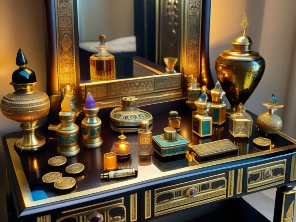 Una lujosa mesa de tocador egipcia, con perfumes, ungüentos y herramientas de cosmética, en un estilo vintage