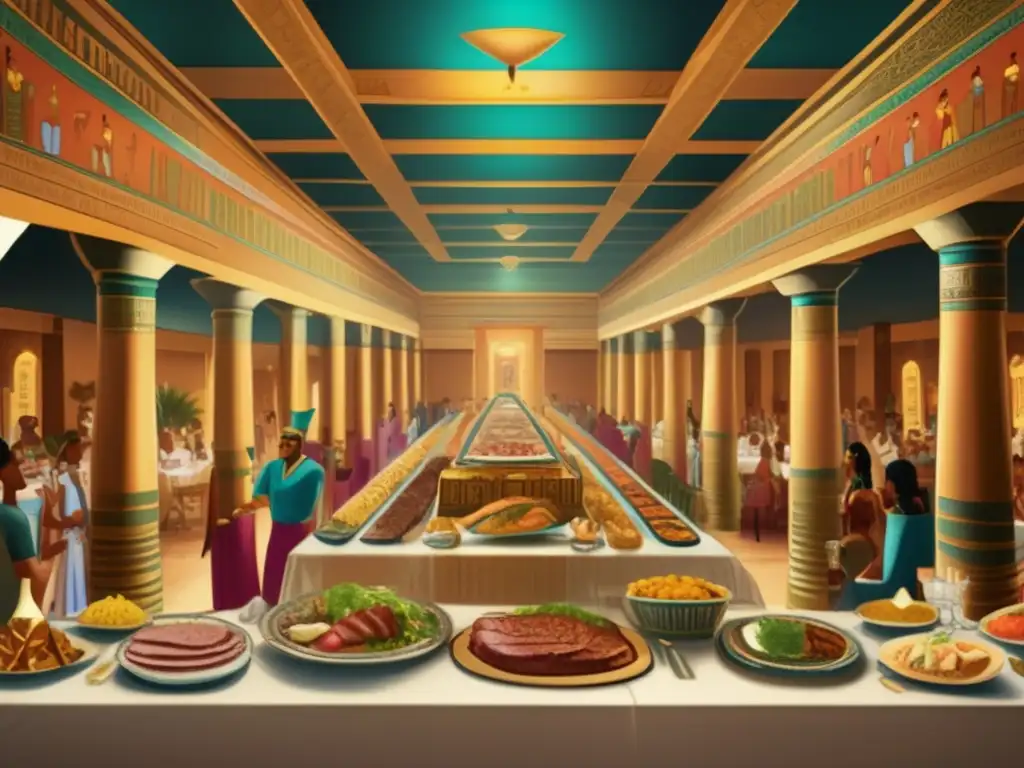 Un lujoso banquete en el Antiguo Egipto, con platos de carnes exquisitas, rodeado de columnas talladas y murales coloridos