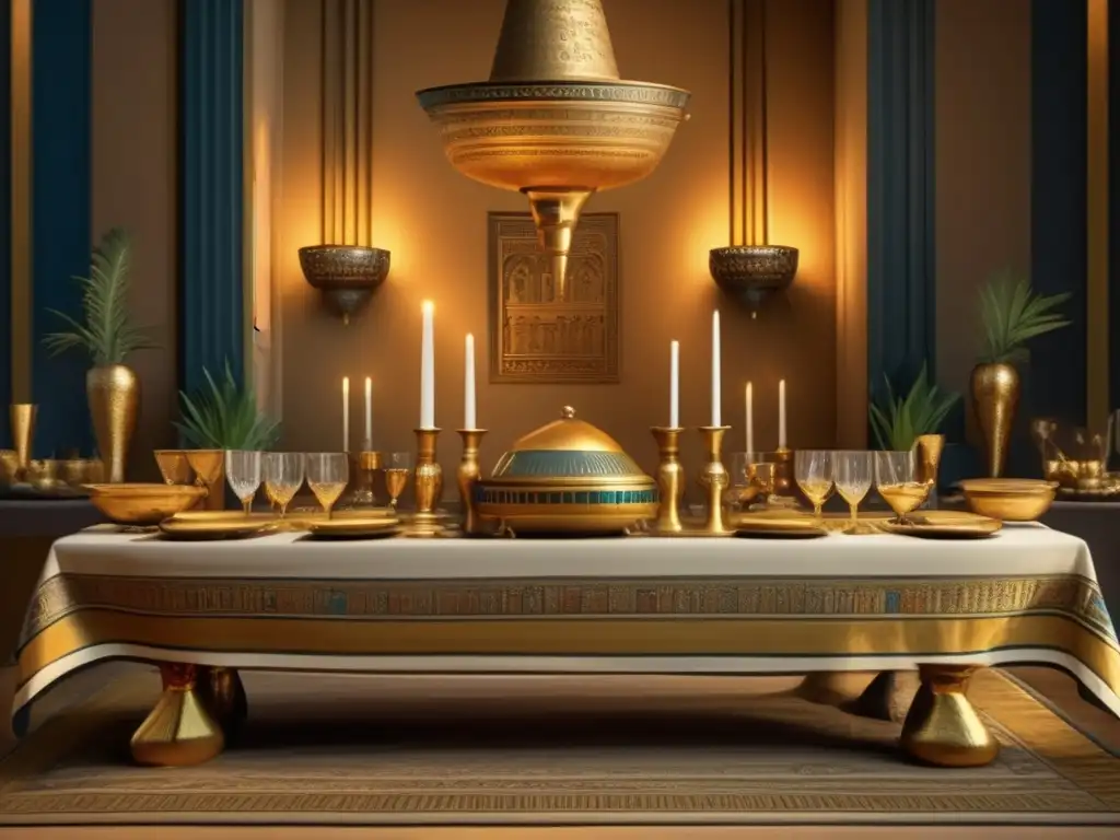 Un lujoso banquete en el antiguo Egipto con decoración vajillas y una atmósfera exquisita de la época