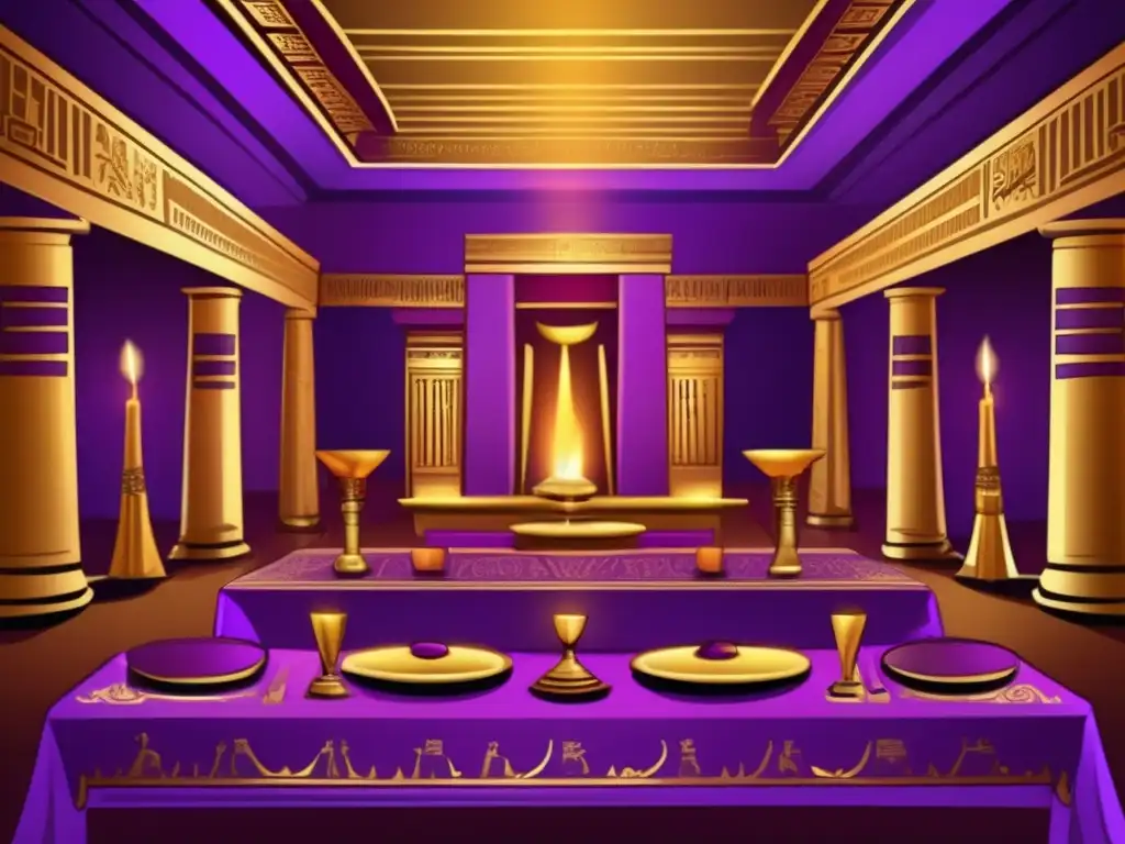 Un lujoso banquete egipcio antiguo en un salón iluminado por antorchas, con jeroglíficos dorados y decoraciones intrincadas