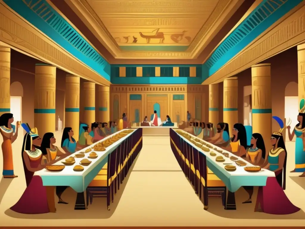 Banquete egipcio opulento: una escena histórica y deslumbrante Una ilustración vintage muestra un lujoso banquete egipcio, con una mesa repleta de platos y copas doradas