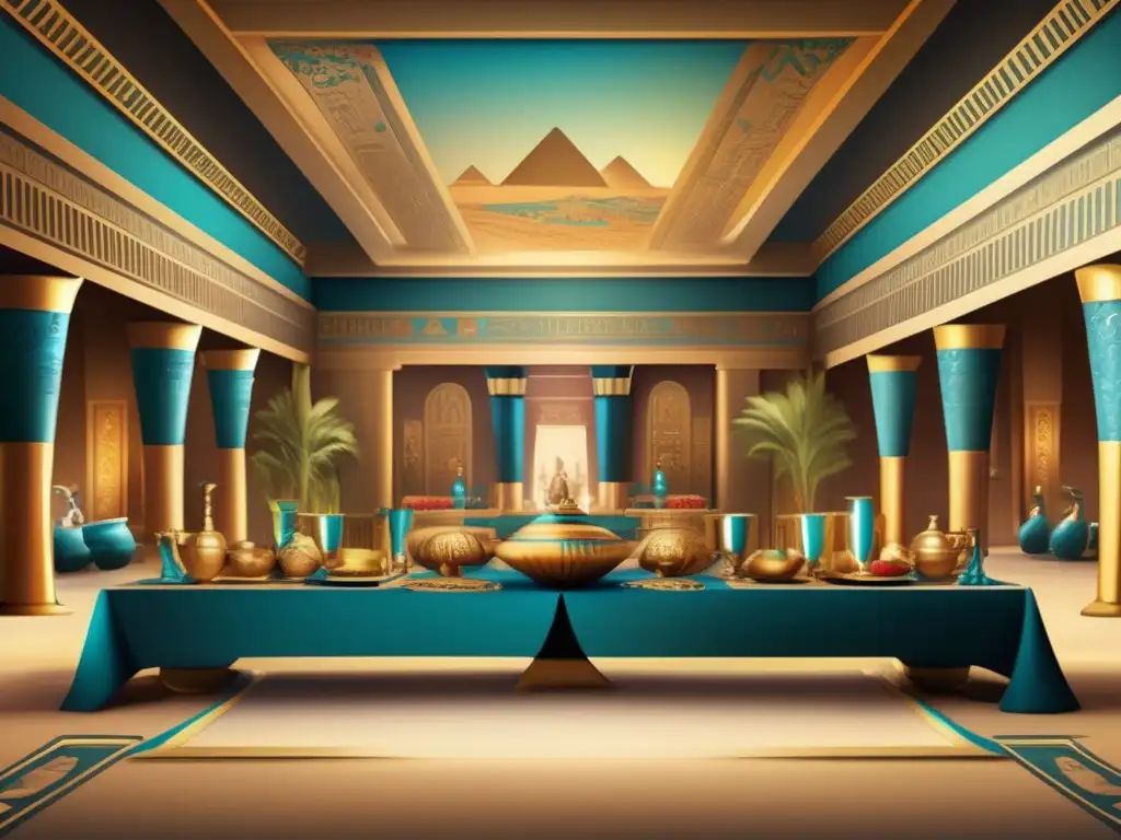Una ilustración vintage muestra un lujoso banquete egipcio con vajillas decoradas en el antiguo Egipto