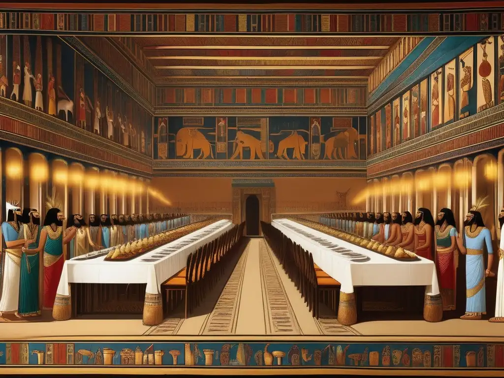 Un lujoso salón de banquetes en el antiguo Egipto, con elaboradas decoraciones y murales vibrantes que representan banquetes y celebraciones