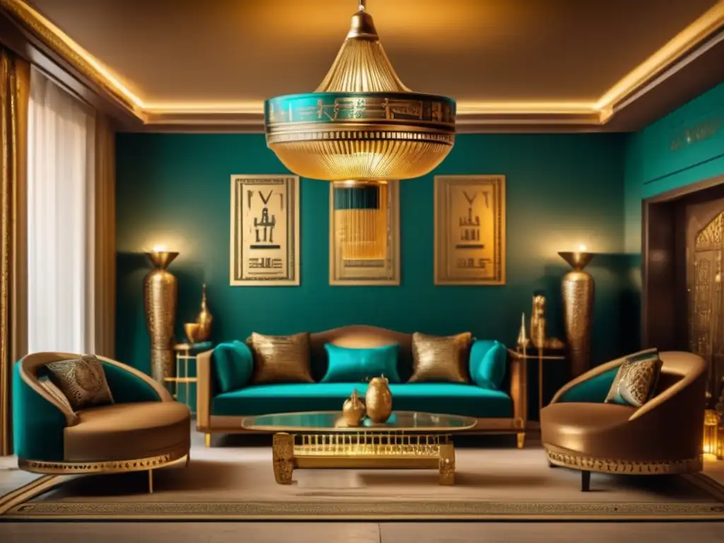 Un lujoso salón de estilo egipcio moderno, con una atmósfera vintage y detalles decorativos elegantes
