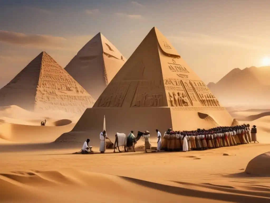 Maestros egipcios tallando obeliscos con precisión y técnica en el desierto