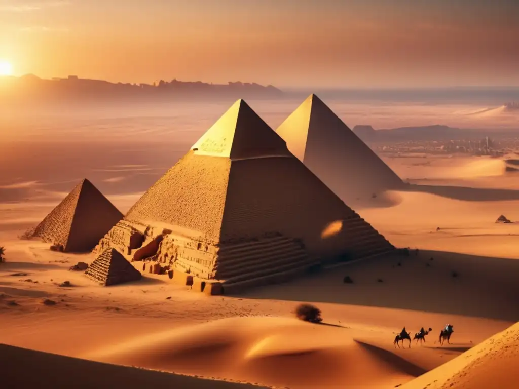 La mágica puesta de sol dorada sobre el vasto desierto ilumina las majestuosas pirámides de Egipto